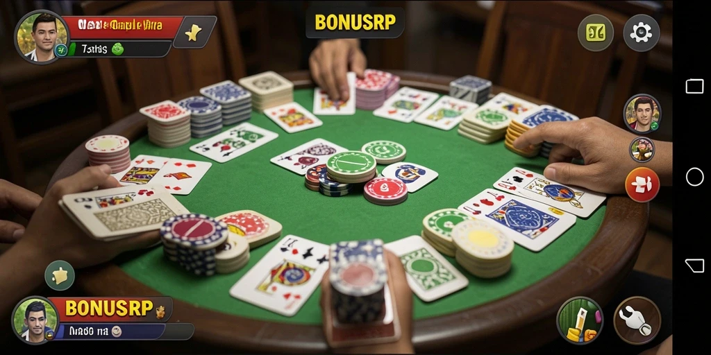 Screenshot utama dari BONUSRP menampilkan gameplay Gaple yang seru.