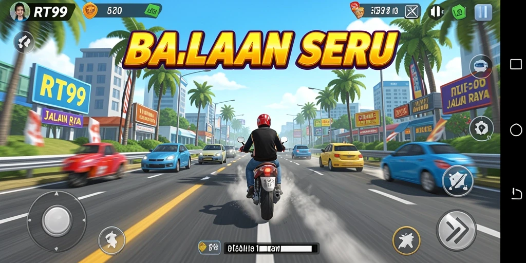 Screenshot RT99 menampilkan aksi seru balapan mobil di trek yang menantang.